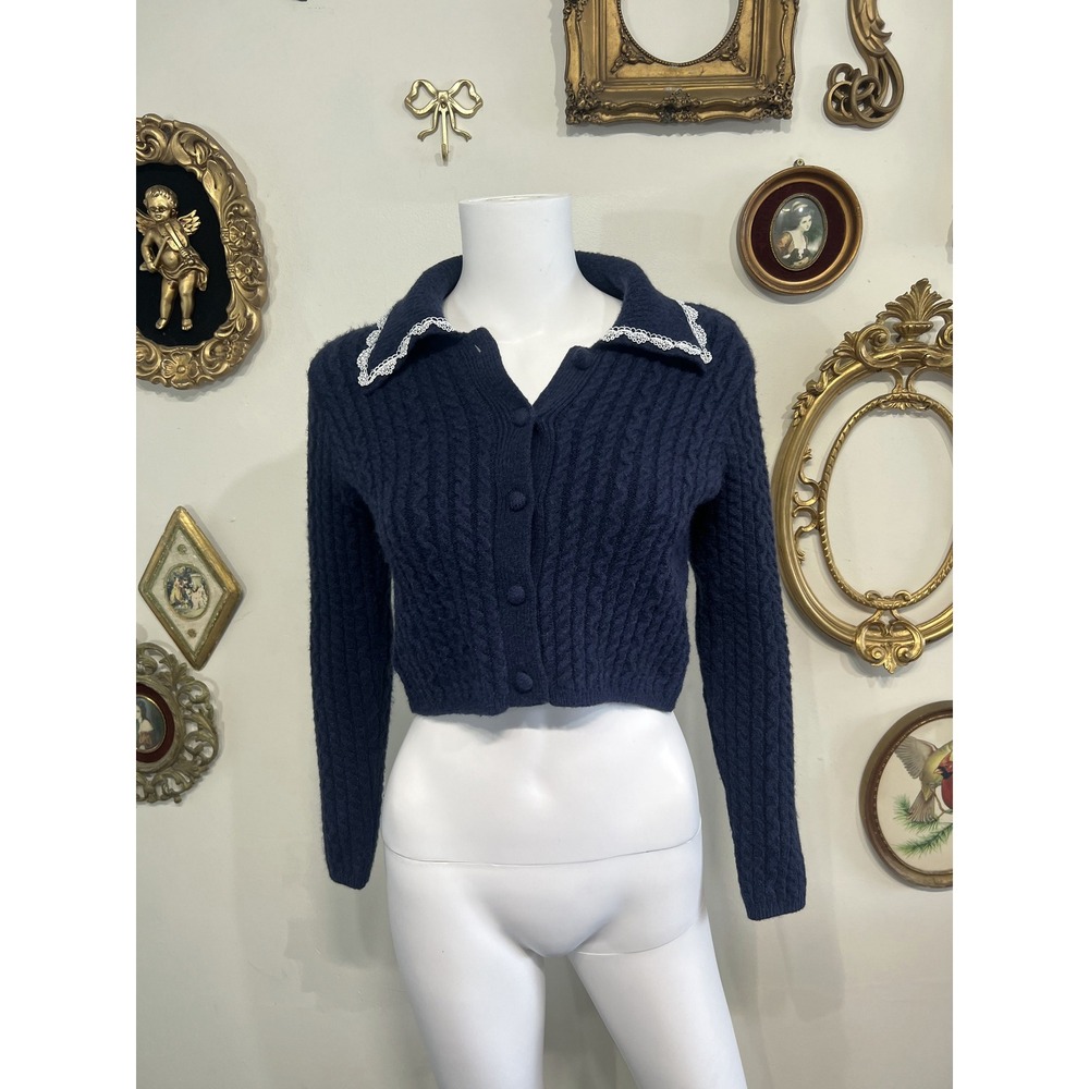 All in Favor Navy Blue Cable Knit Cardigan with Lace Collar Size XS